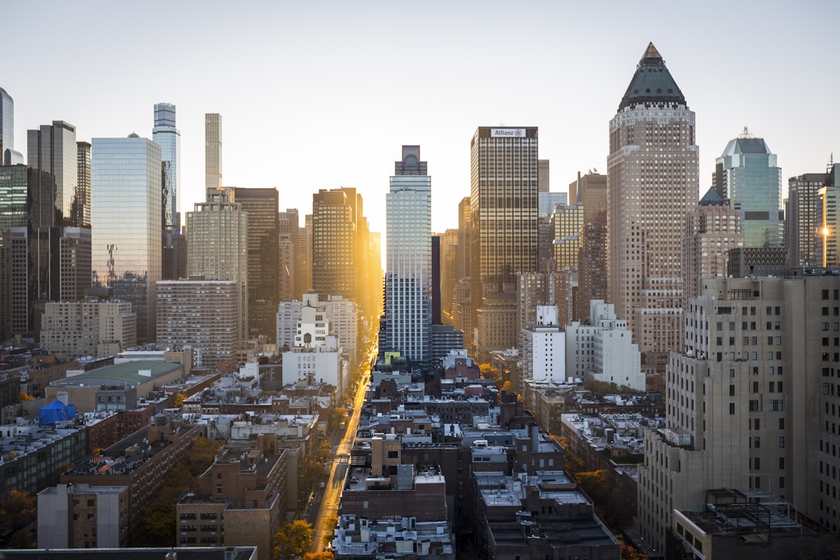 Dense city skyline at dusk
